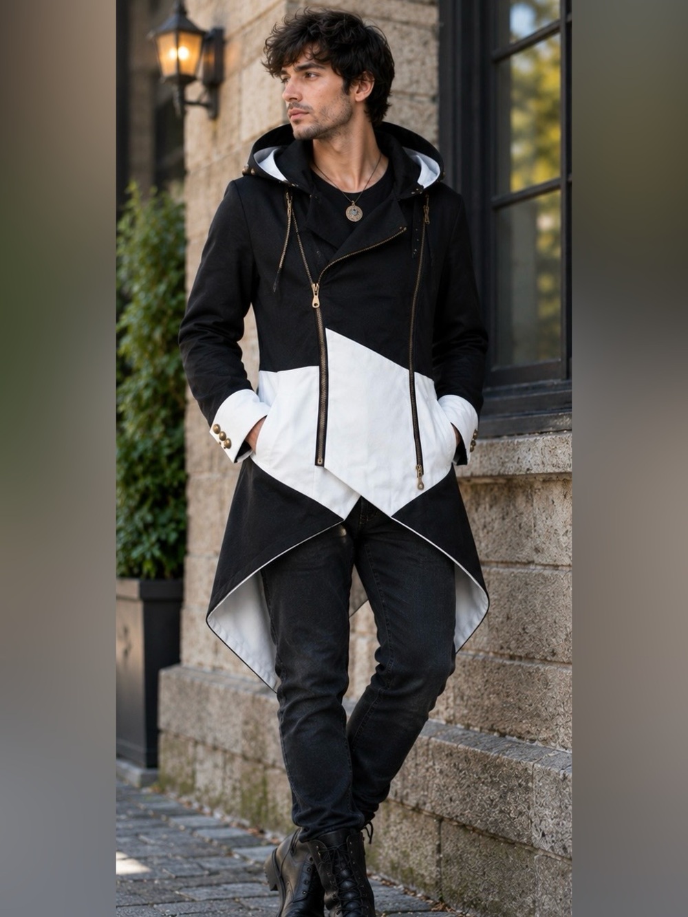 Men’s Gothic Tailcoat Hooded Black White Steampunk Cosplay Jacket S